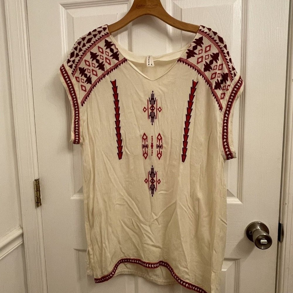 Roper Beige Cream Rayon Southwest Embroidered Short Sleeve Blouse size M